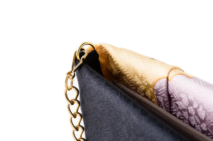 Kyo Yuzen Clutch Bag - Navy & Beige Japanese Handmade Purse from Kyoto | Elegant Evening Bag for Women, Perfect for Weddings & Special Occasions