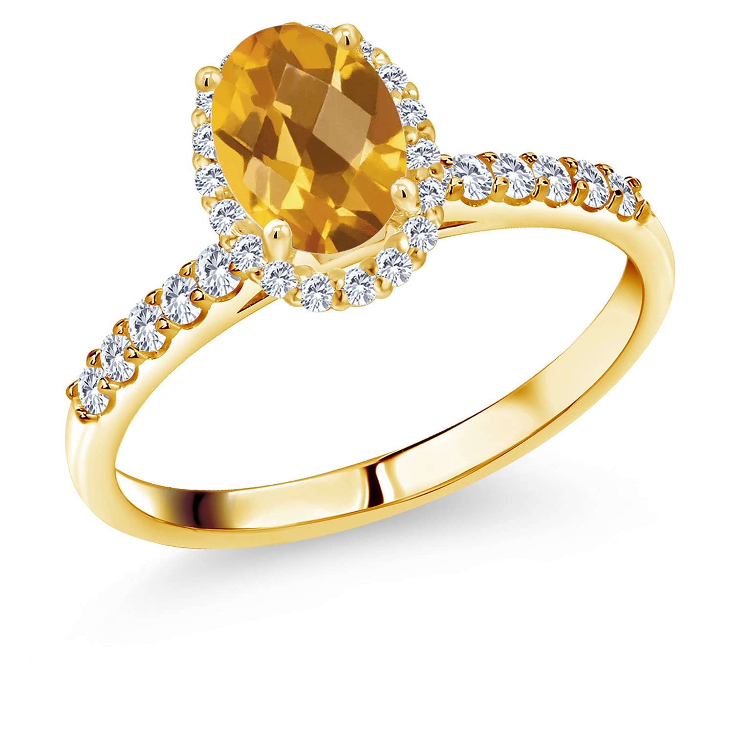 1.57 Ct Oval Checkerboard Yellow Citrine & Lab Grown Diamond Ring in 10K Yellow Gold | Gem Stone King | Engagement, Wedding, Anniversary Jewelry Gift for Women