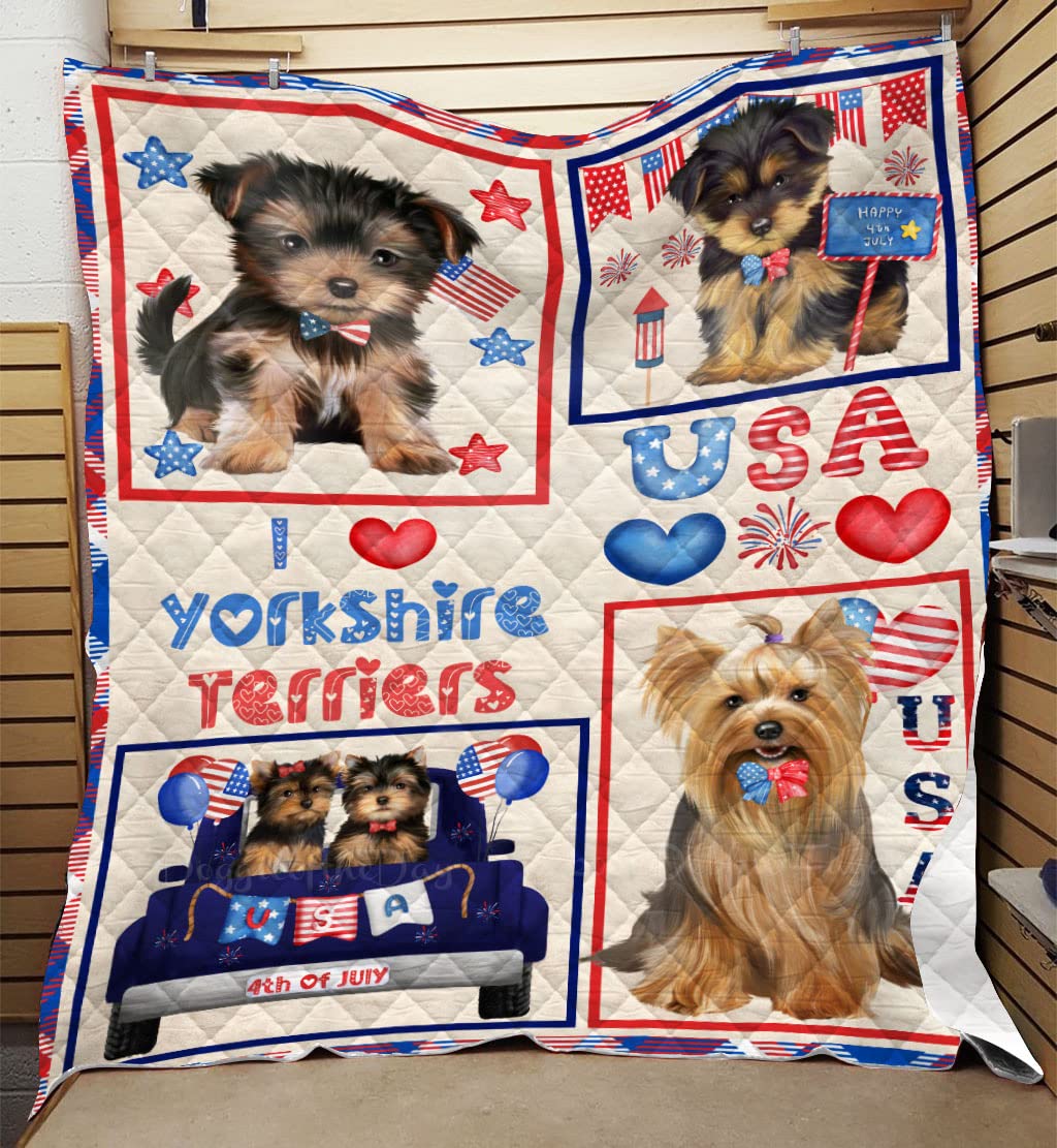 4th of July Independence Day Patriotic USA Yorkshire Terrier Dog Quilt - Soft Lightweight Washable Polyester Pet Bed Cover 40