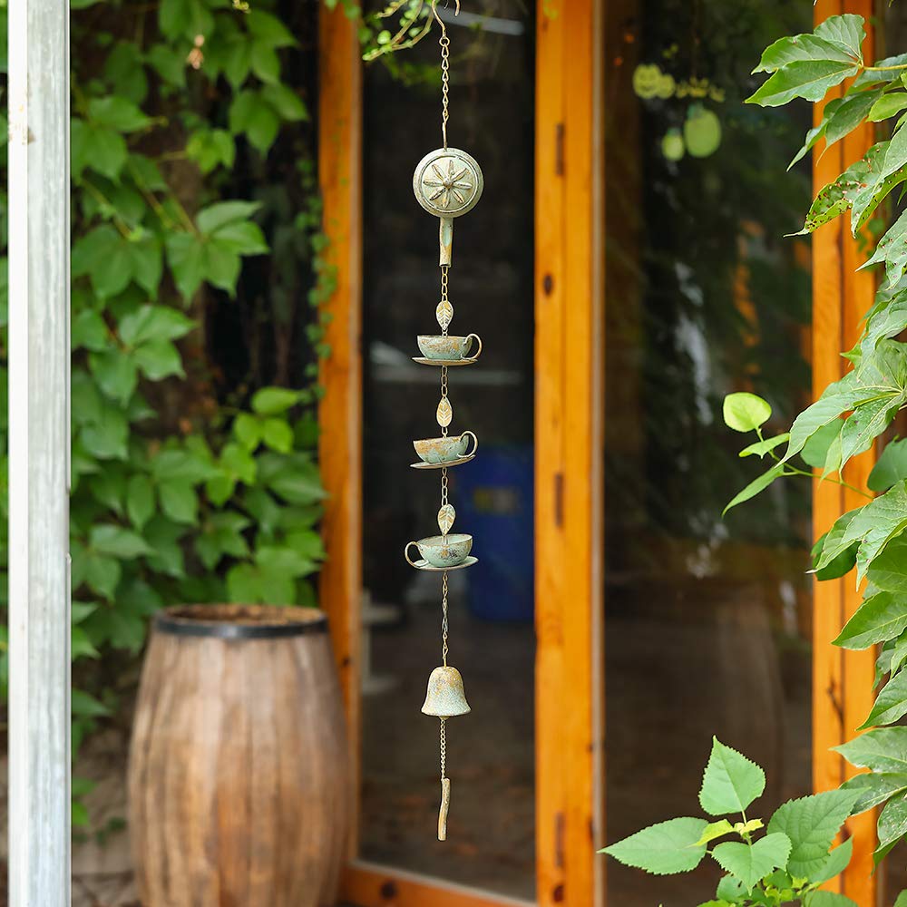 Jemeni 40 Inch Tall Hanging Teapot & Cups Wind Chime with Bell - Antique Green Patina Finish | Outdoor Garden Decor, Patio Wind Chime, Unique Backyard Ornament