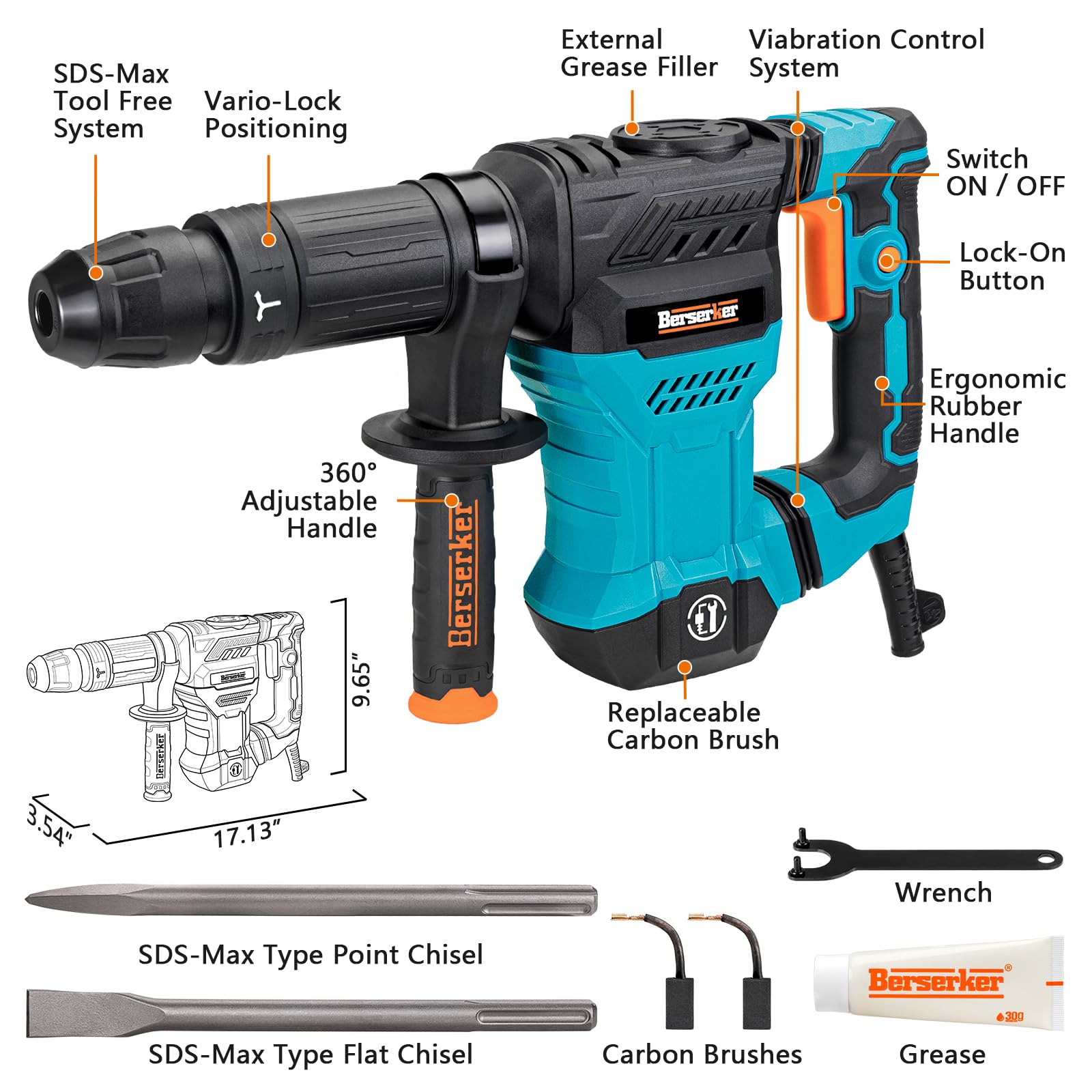 Berserker 1300W 12-Pound SDS-Max Demolition Jack Hammer - 1-9/16