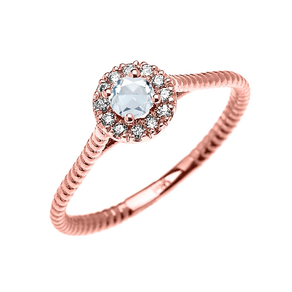 14K Rose Gold Dainty Halo Diamond & Solitaire Aquamarine Rope Design Promise Ring for Women - Elegant Engagement, Anniversary or Gift Jewelry for Her