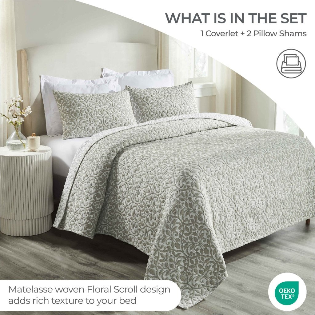Premium Vineyard Cotton Blend Medium Weight Matelasse Woven Coverlet - Soft Bedspread for All Seasons | Perfect for Guest Rooms, Master Bedrooms & Cozy Home Decor