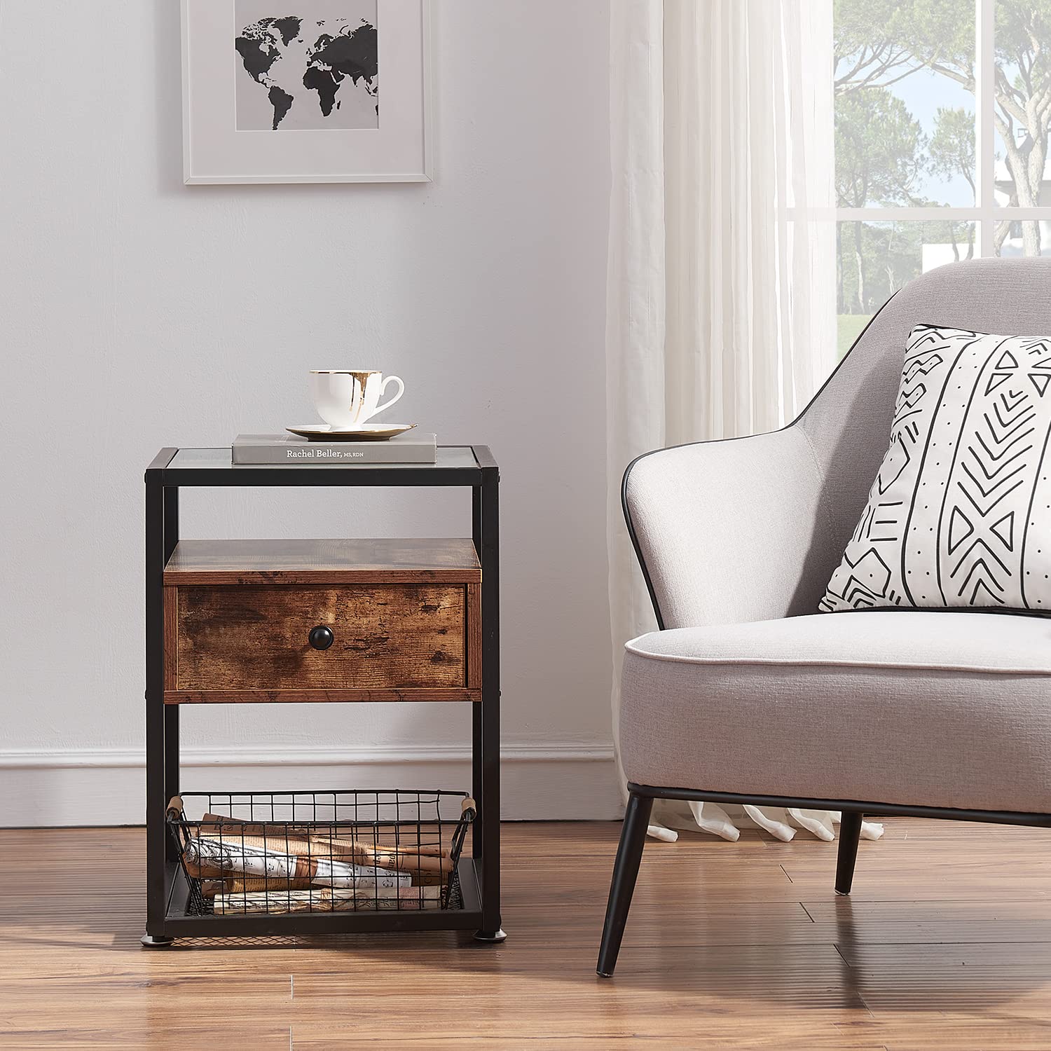 Modern Nightstand Set of 2 - Bedside Table with Glass Top & Storage Drawer, 66LB Capacity - Space-Saving End Table for Bedroom, Living Room, Lounge (Brown) | Perfect for Small Spaces, Guest Rooms & Apartment Living