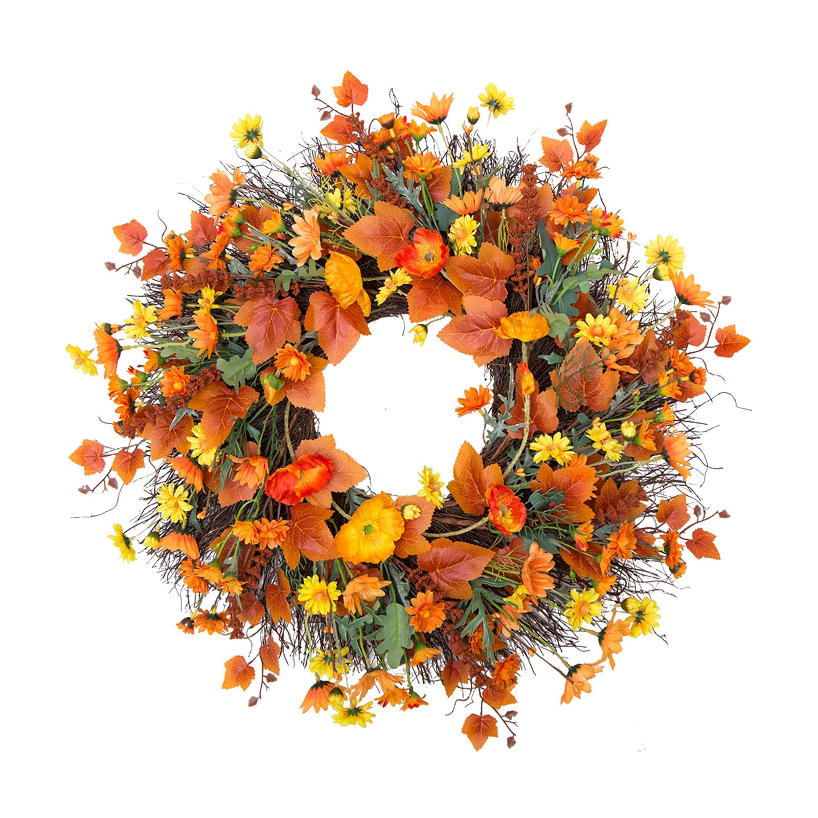 RENXR 24 Inch Artificial Daisy Flower Wreath with Maple Leaves - Handmade Fall Harvest Door Wreath for Home, Wedding & Thanksgiving Decor | Perfect for Front Door, Wall Decor, and Seasonal Home Decoration