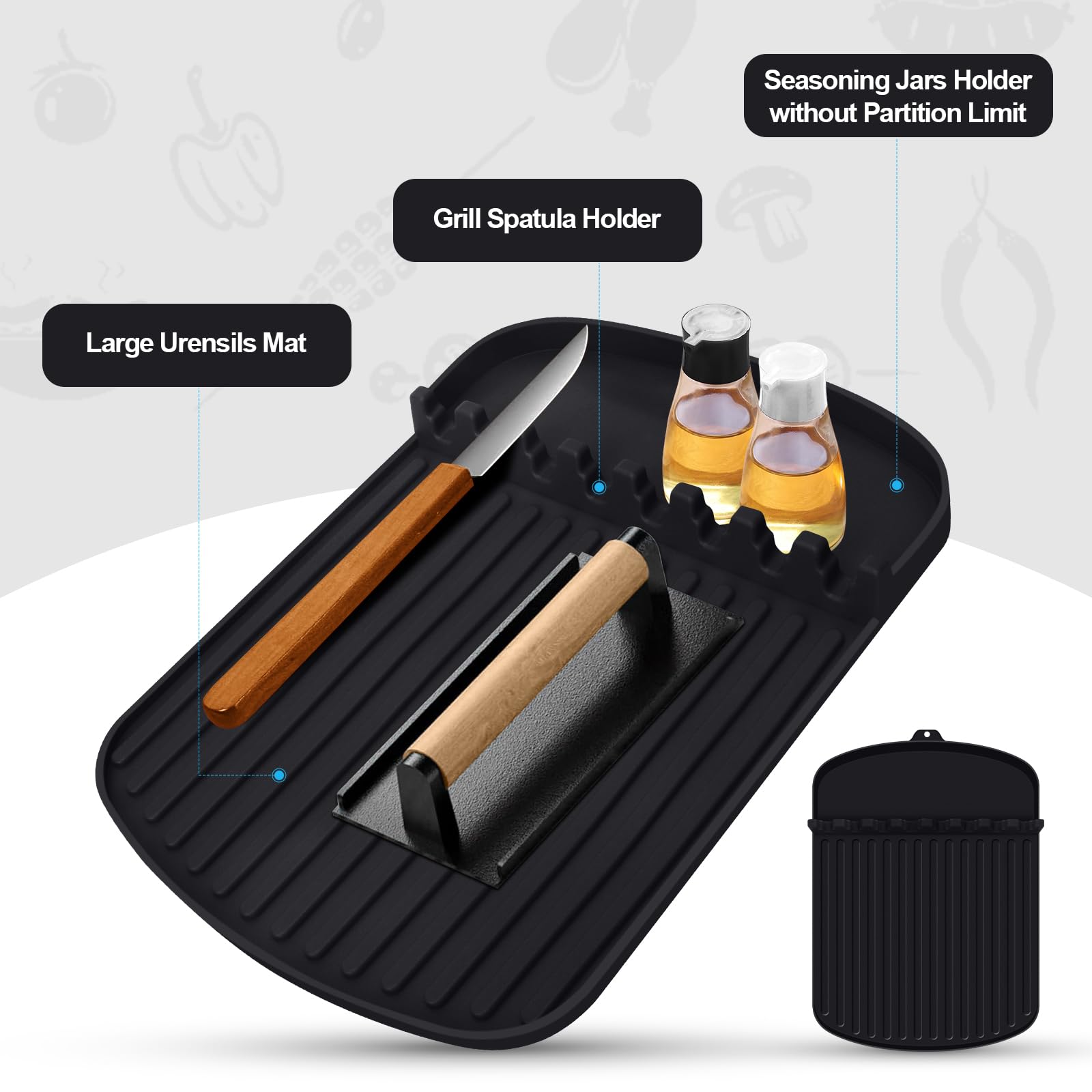 16.9 x 11.8 Inch Heat-Resistant Silicone Griddle Mat for Blackstone Grill - Spatula Holder with Drip Tray, Non-Slip BBQ Utensil Organizer - Perfect for Outdoor Cooking, Camping & Backyard BBQs
