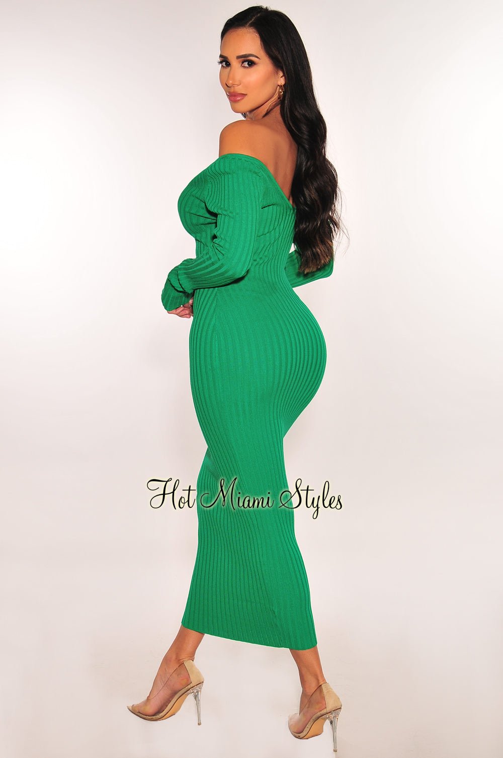 Stylish Green Ribbed Knit Long Sleeve Dress for Women - Perfect for Fall Fashion, Date Nights & Office Wear