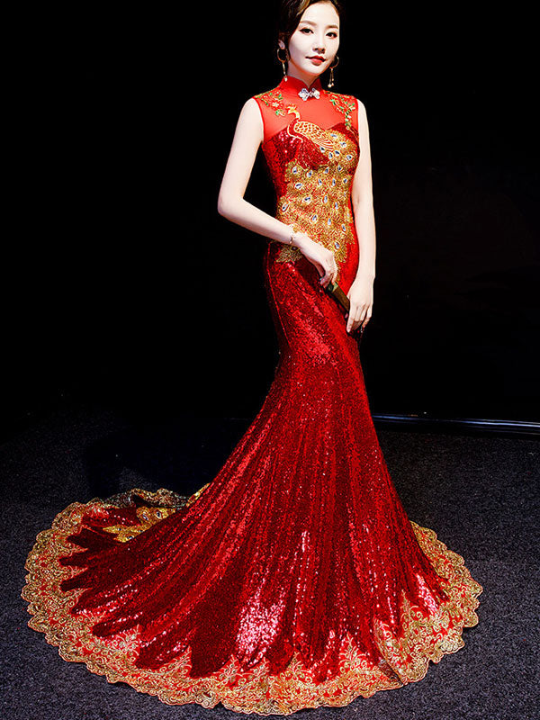 Custom Made Sequined Brush Train Qipao Cheongsam Evening Dress - Elegant Chinese Traditional Gown for Weddings, Parties & Special Occasions