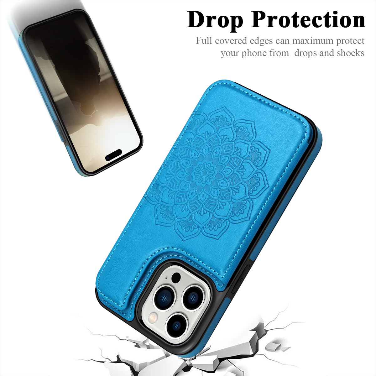 MMHUO Magnetic Wallet Case for iPhone 15 Pro with Card Holder & Flower Design - Slim Flip Cover with Strong Magnets for Secure Card Storage | Perfect Protective Case for Women's Everyday Use, Commuting & Travel (Blue)