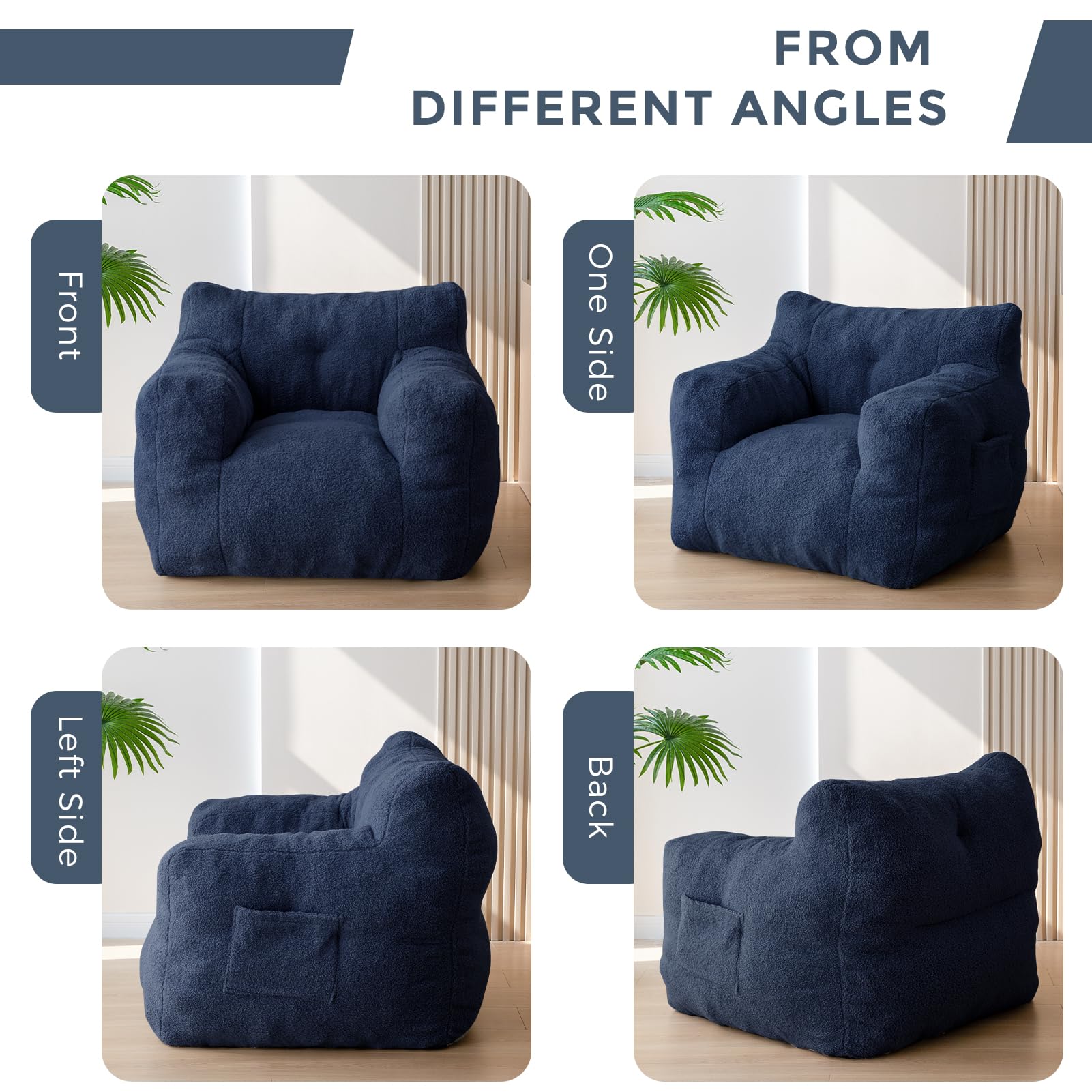 MAXYOYO Sherpa Bean Bag Chair - Soft Boucle Tufted Bean Bag Couch for Living Room, Bedroom & Game Room - Comfortable Lazy Sofa for Adults & Kids in Navy Blue - Perfect for Relaxing, Reading & Movie Nights