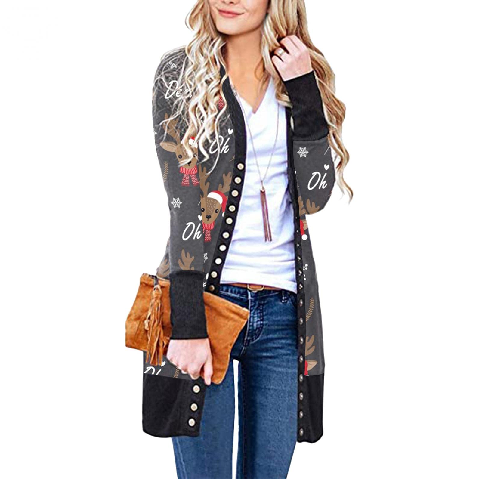 Actbeli Women's Open Front Button Down Christmas Print Knitted Cardigan Sweater - Cozy Casual Jacket for Holiday Parties & Winter Outfits