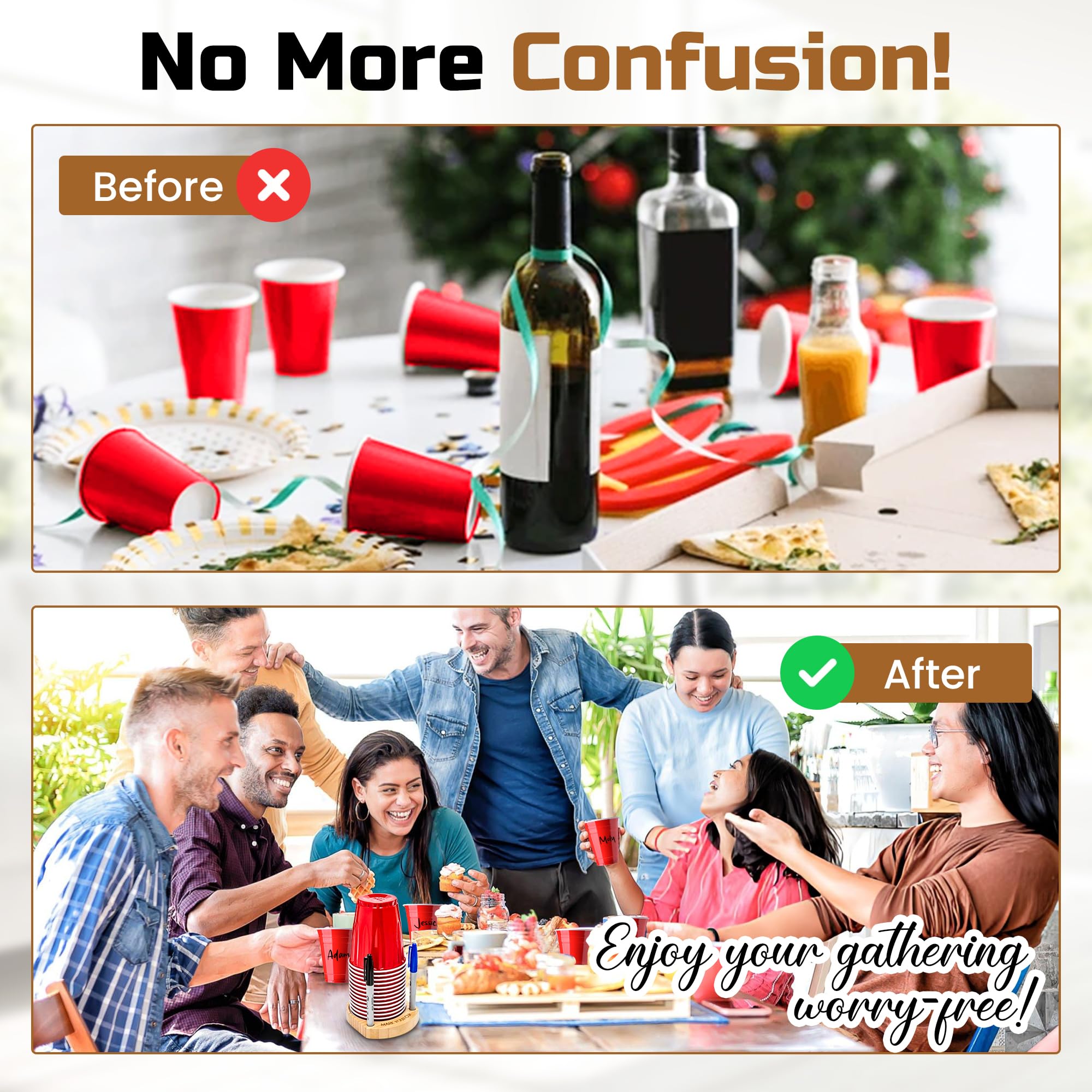 Wooden Party Cup Holder with Marker Slots - Essential Drink Organizer for Events, Weddings & Gatherings - Perfect for Keeping Track of Beverages at Parties, BBQs and Social Events