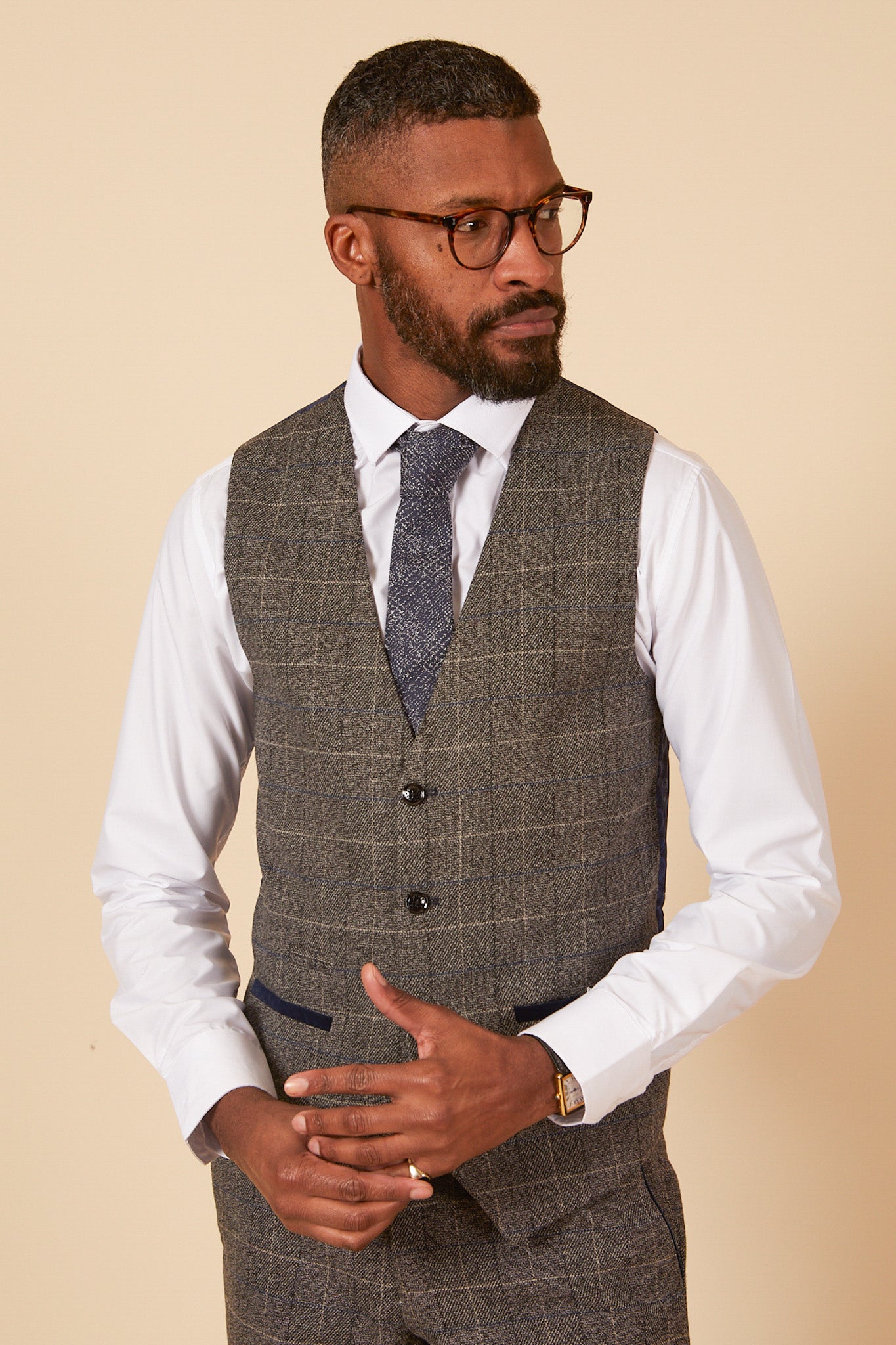 LEN SCOTT Men's Grey Tweed Check Waistcoat Vest - Formal & Casual Wear for Weddings, Office & Vintage Style Outfits