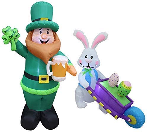St. Patrick's Day & Easter Party Decorations Bundle - 6ft Inflatable Leprechaun with Shamrock & Beer + 4ft Inflatable Easter Bunny with Wheelbarrow & Eggs - Perfect for Holiday Yard Decorations, Themed Parties & Spring Celebrations