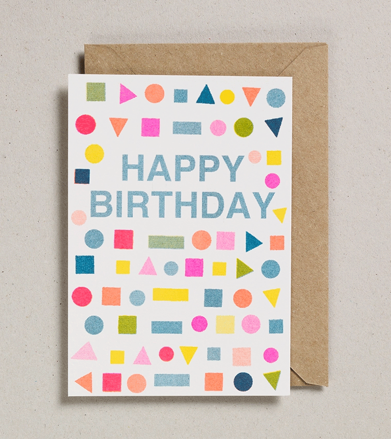 Happy Birthday Shapes Riso Papercut Greeting Card by Petra Boase - Perfect for Birthdays, Anniversaries & Special Occasions