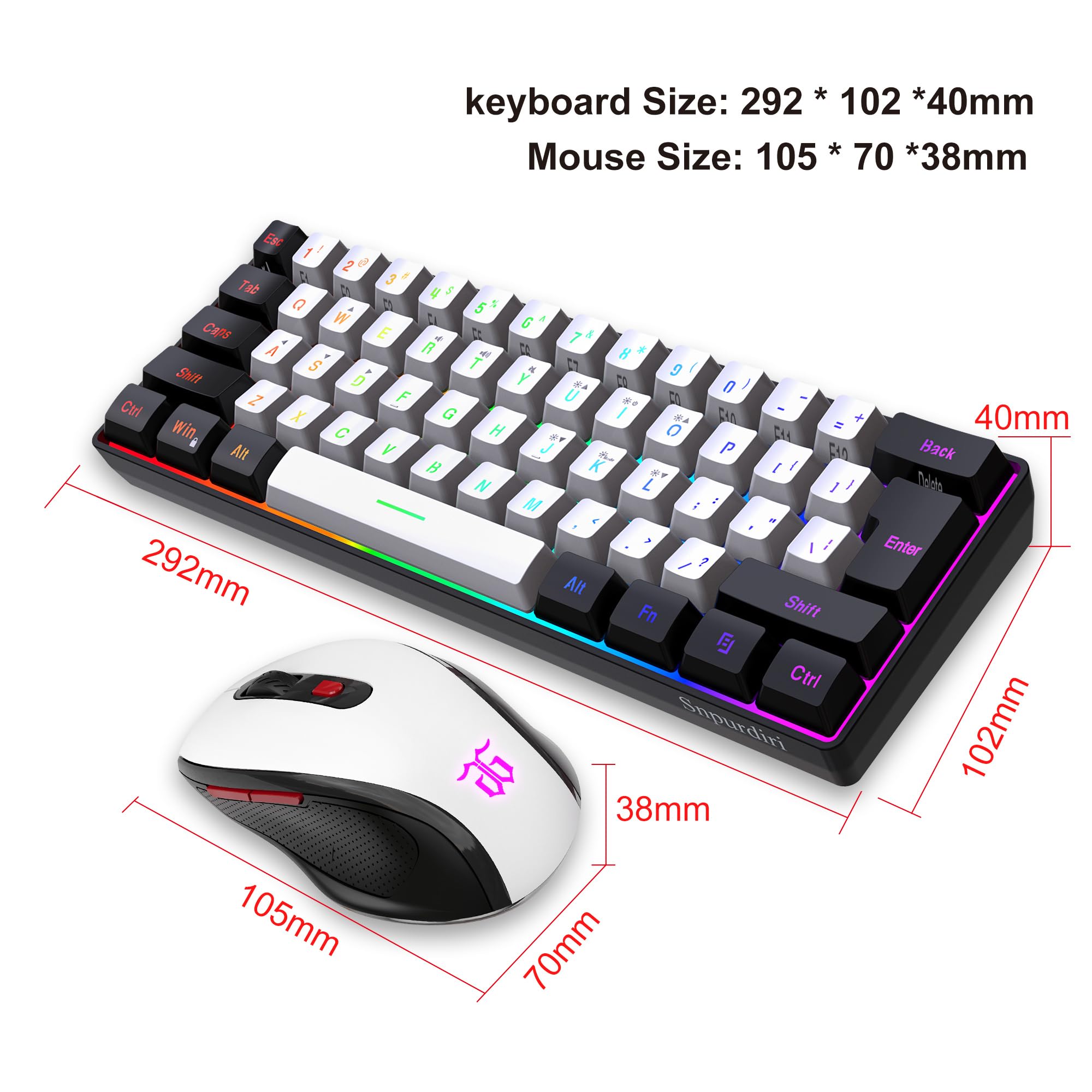 SNPURDIRI 2.4G Wireless Gaming Keyboard and Mouse Combo - 60% Compact Mechanical Feel RGB Backlit Keyboard & Ergonomic Vertical Wireless Mouse (Black/White) for PC, Mac, Laptop Gaming & Office Work
