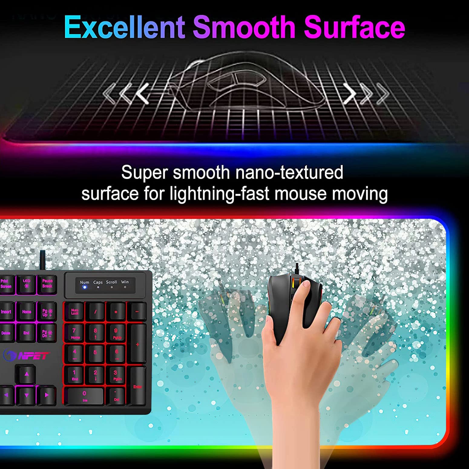 RGB Gaming Mouse Pad with LED Lights - Large Non-Slip Desk Mat for PC & Keyboard - Waterproof Optical Mousepad with Blue Sparkle Glitter Pattern - Perfect for Gaming, Office & Streaming Setup