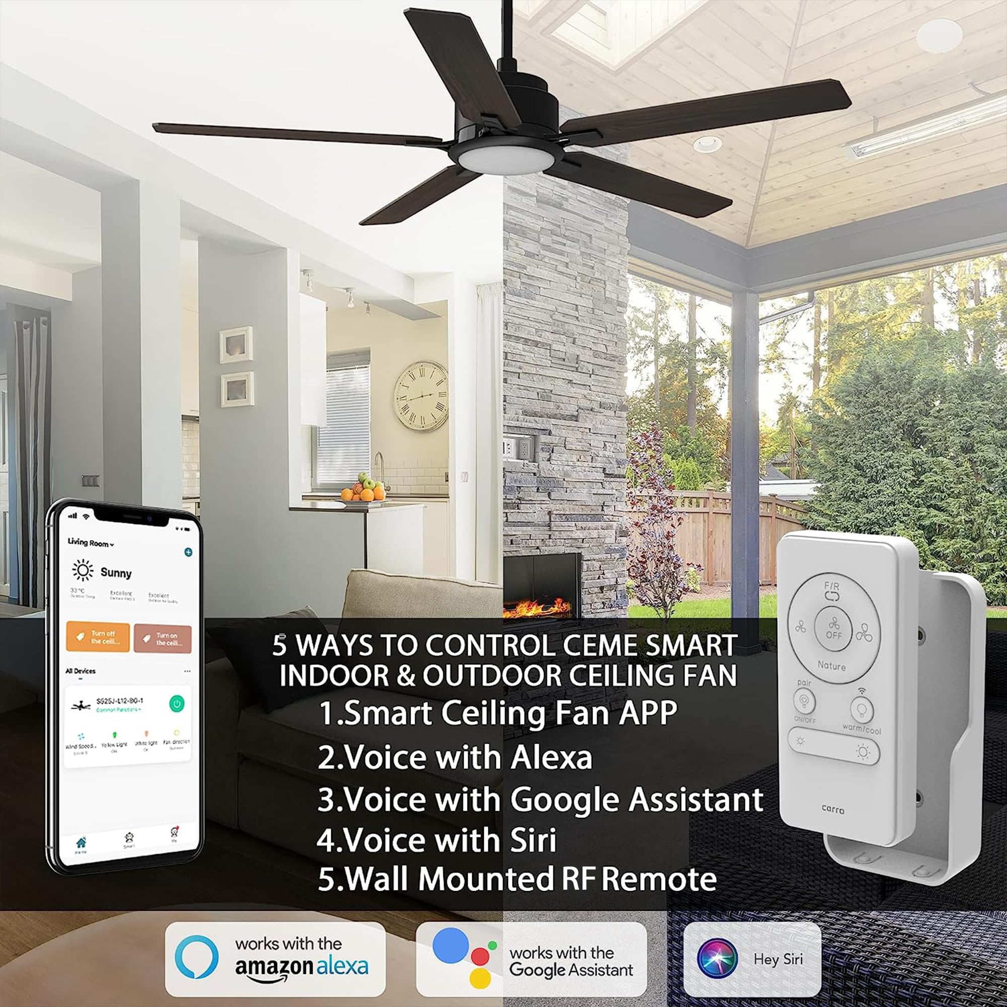 52 Inch Smart Ceiling Fan with Lights & Remote Control - Indoor/Outdoor DC Motor Fan, 10 Speed Settings, Alexa/Google/Siri Compatible - Modern Black Ceiling Fan for Bedroom, Living Room, Patio & Outdoor Spaces