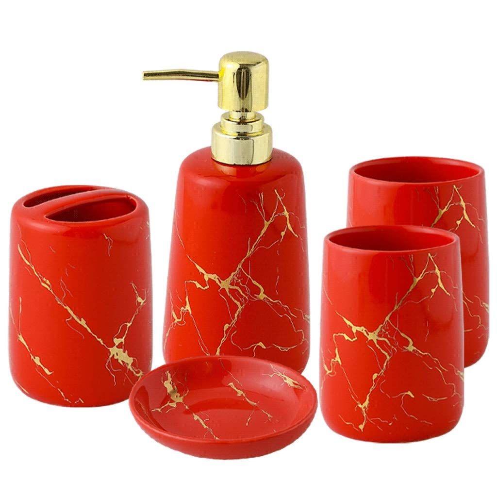 Ceramic Golden Marble Soap Dispenser Set - 5 Piece Bathroom Accessories with 13.5oz Pump & Tray for Shower, Sink, and Vanity Organization | Elegant Marble Pattern Home Decor