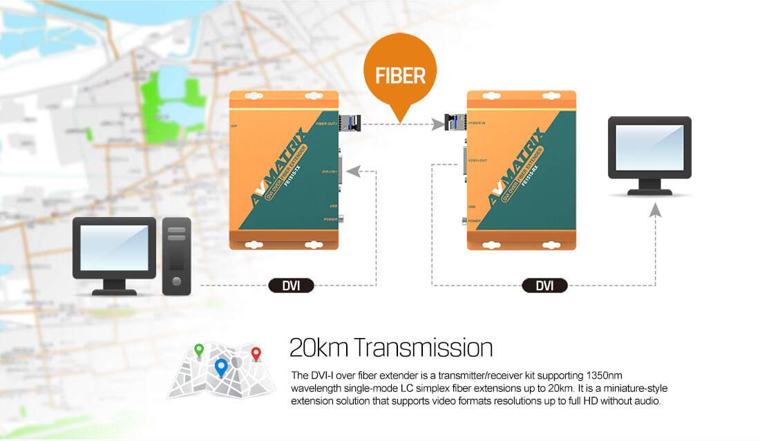 AVMATRIX FE1515 Fiber Optic RX/TX Video DVI Converter with 20km SFP LC Module - Long Distance Fiber Optic Extender for Monitors & Displays - Ideal for Digital Signage, Control Rooms & Video Walls
