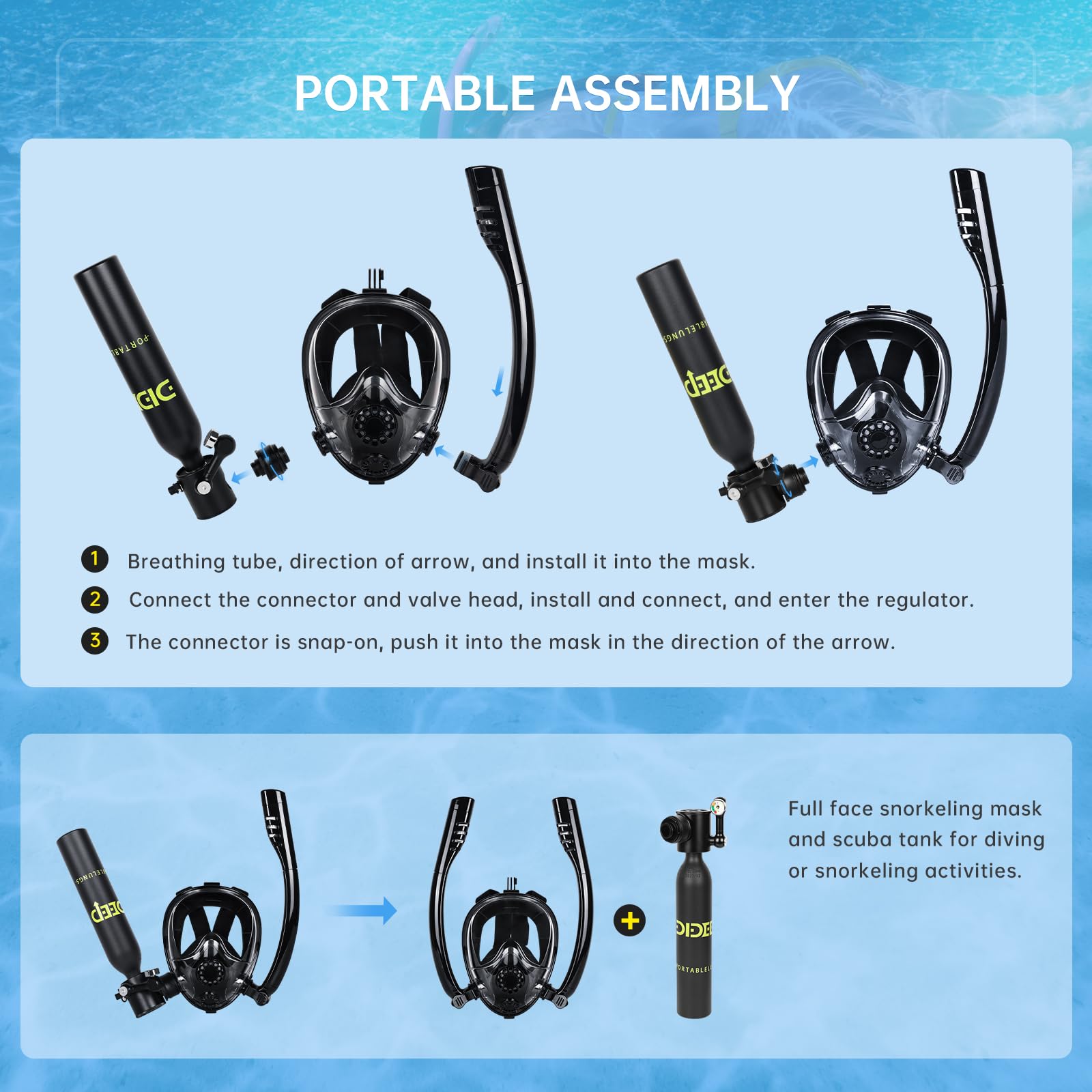 0.5L Scuba Diving Tank with Full Face Snorkel Mask - 7-10 Minute Air Supply for Snorkeling & Underwater Exploration - Perfect for Beach Vacations, Pool Diving & Marine Life Observation
