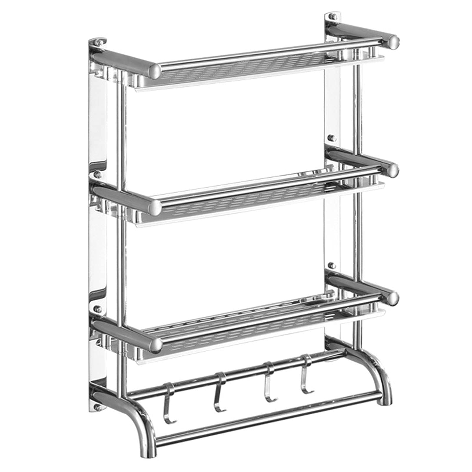 Stainless Steel Bathroom Shelf - 3-Tier Wall Mounted Storage Rack with Adjustable Hooks for Towels & Kitchen Organization | Space-Saving Bath & Kitchen Storage Solution for Small Spaces