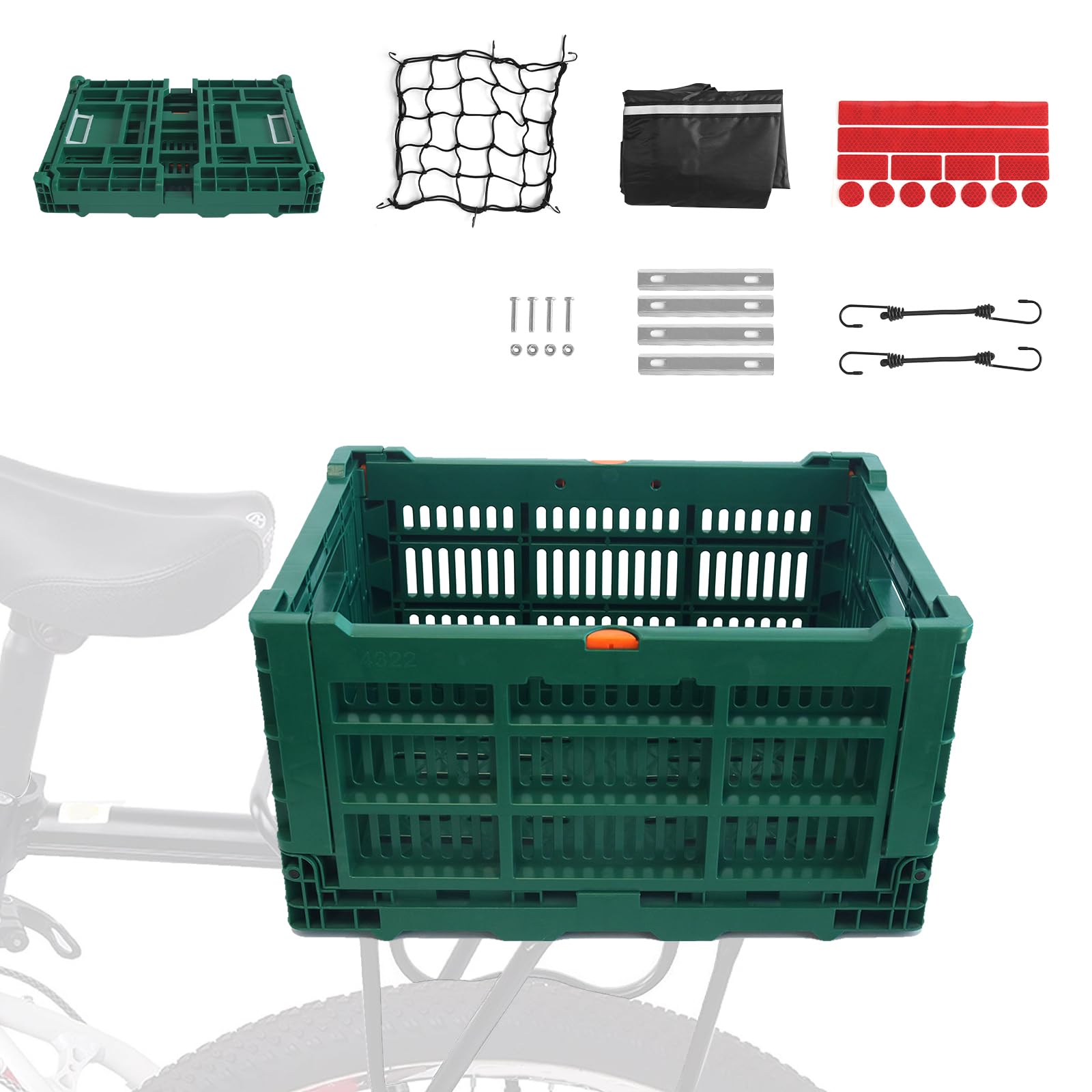 Foldable 35L Large Capacity Rear Bike Basket with Waterproof Cover - Durable Bicycle Cargo Carrier with Fixed Mesh & Reflective Stickers - Perfect for Commuting, Grocery Shopping & Outdoor Adventures