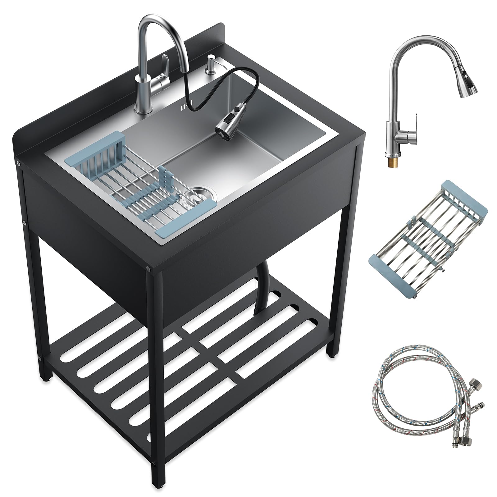 40'' Stainless Steel Commercial Utility Sink with Pull-Out Spray Faucet - Heavy-Duty Single Bowl Kitchen Sink for Restaurants, Garages & Laundry Rooms - Includes Hot/Cold Mixer Tap & Drain Kit (Silver) - Perfect for Food Prep, Car Washing & Pet Grooming