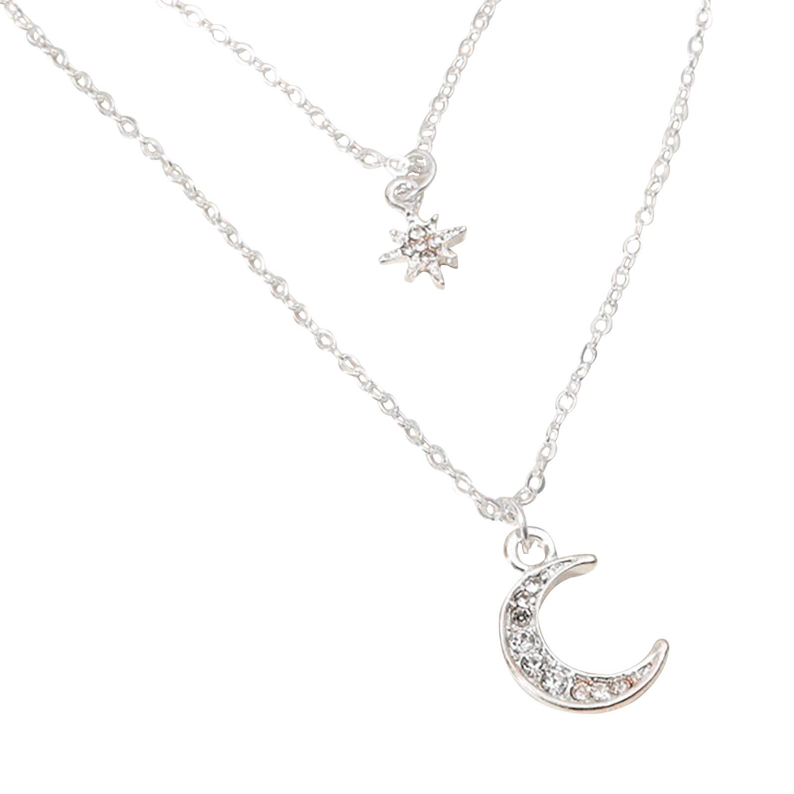 Layered Choker Chain Necklaces for Women - American Star & Moon Double Necklace with Diamond Pendants - Trendy European Jewelry Gift for Girlfriend, Wife (Grey, One Size) - Perfect for Date Night, Parties & Everyday Fashion