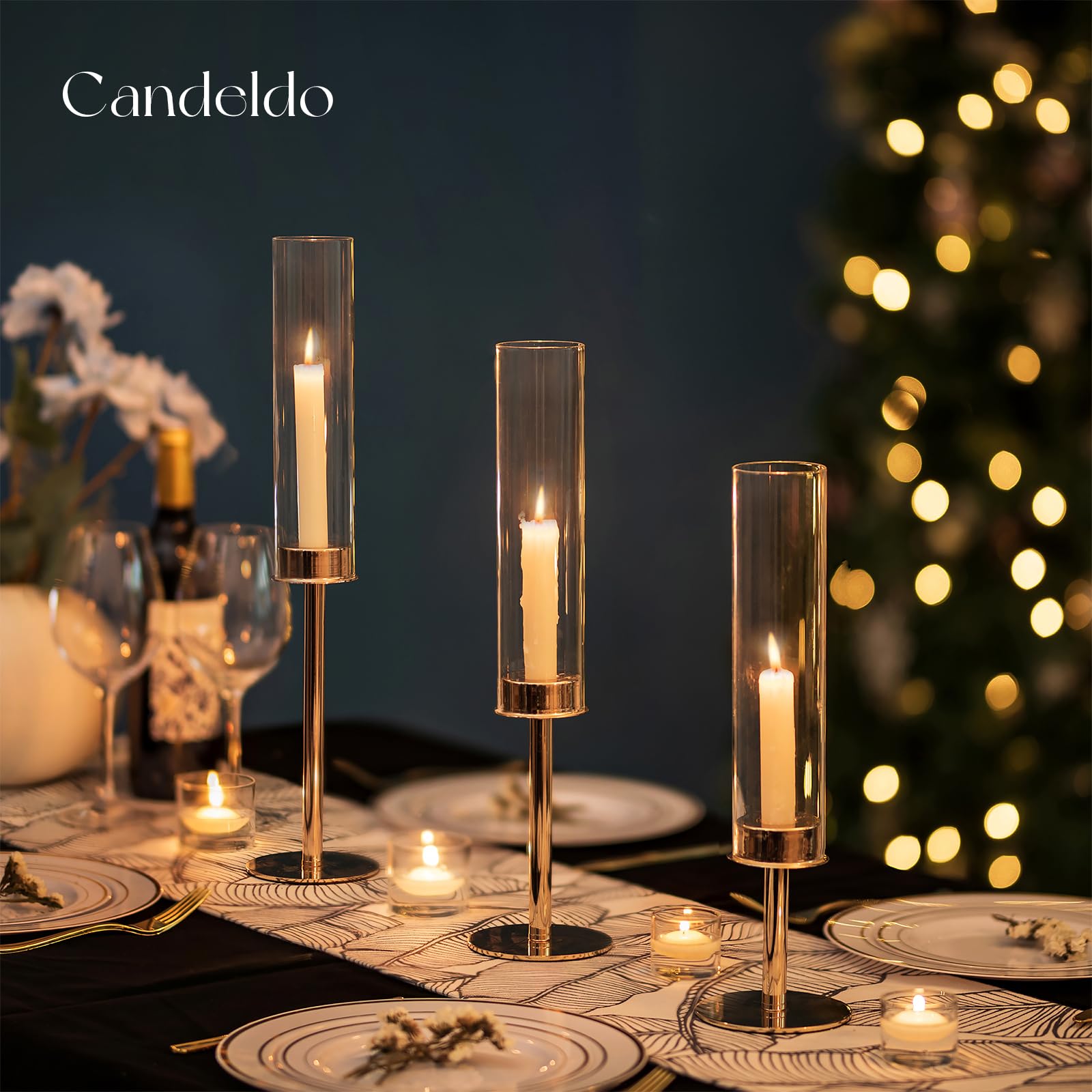 Gold Hurricane Glass Candle Holders Set of 3 - Elegant Taper Candle Stands for Weddings, Dining Tables & Christmas Decor - Perfect Centerpiece for Romantic Dinners, Holiday Parties & Home Decor
