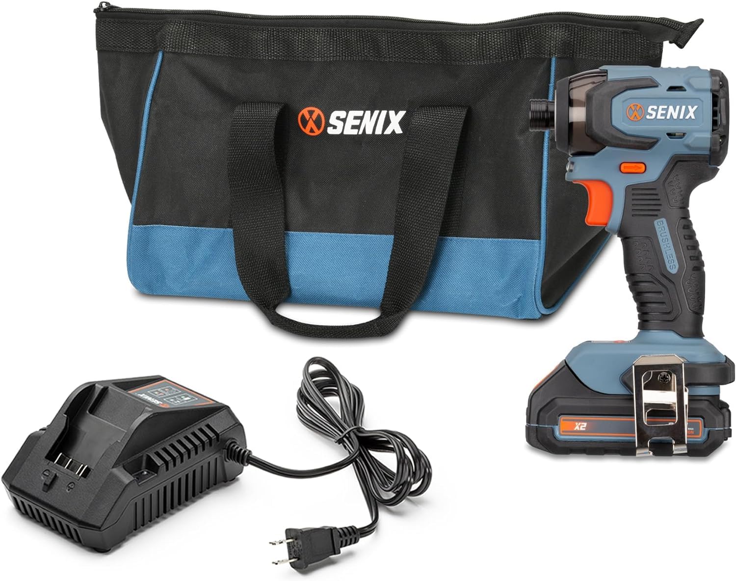 SENIX X2 20V Max Cordless Impact Driver Kit - 1/4 Inch Brushless Motor, 4-Speed Battery Screwdriver with LED Light, 130 ft-lbs Max Torque, Includes 2.0Ah Battery, Charger & Soft Carrying Bag (PDIX2-M2) - Perfect for DIY Projects, Home Repairs & Professional Construction Work