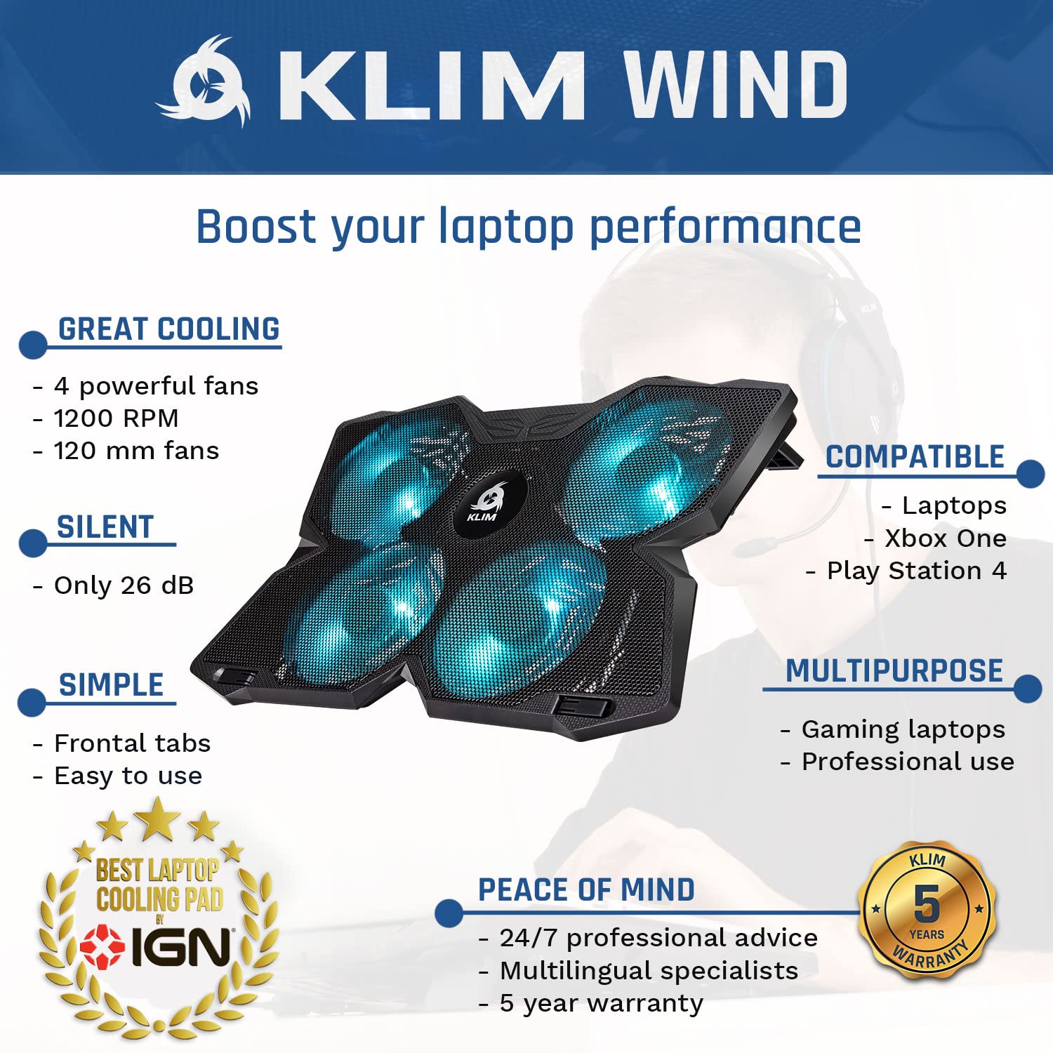 KLIM Wind 2024 最强大笔记本电脑散热器 - 4静音风扇 - 适用于PS5、PS4、Xbox - 超过500,000台售出 - 游戏、办公、设计场景必备