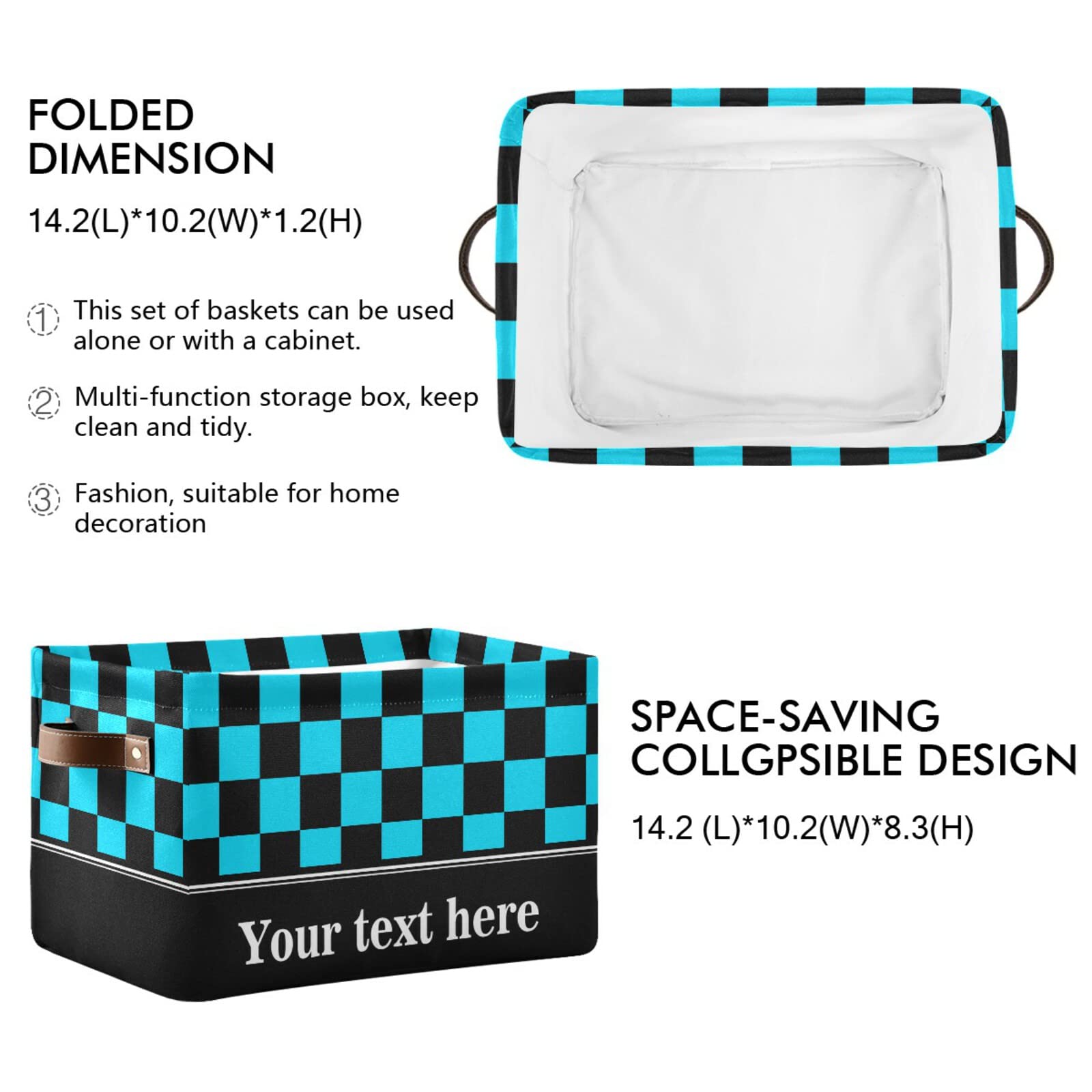 Checkboard Black Blue Plaid Collapsible Storage Basket with Leather Handles - Foldable Rectangular Storage Bin for Kitchen, Laundry Room, Bathroom & Closet Organization | Perfect for Shelves, Cabinets & Home Decor