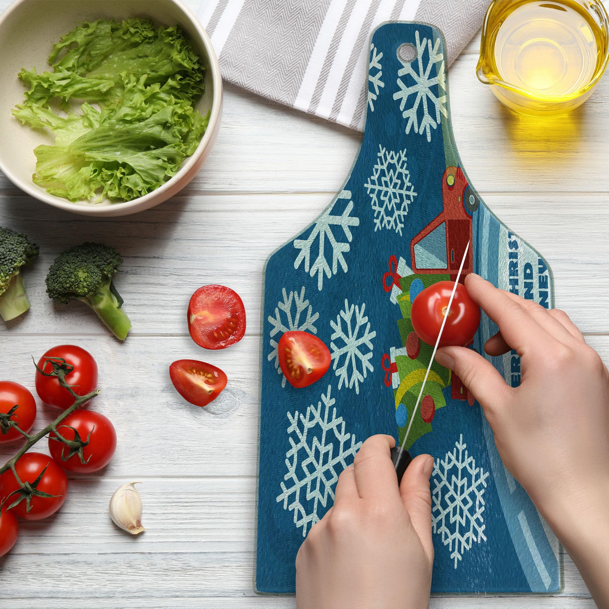 Ambesonne Christmas Themed Tempered Glass Cutting Board - Holiday Truck with Gift Boxes, Tree & Snowflakes Design - Decorative Serving Board for Cheese, Charcuterie & Wine (Blue, Red, White) - Perfect for Holiday Parties, Gift Giving & Festive Kitchen Decor