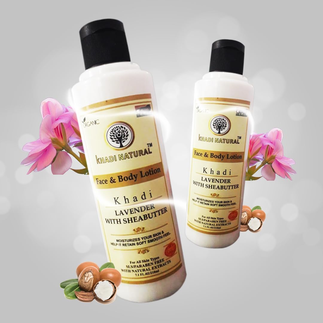 Khadi Natural Lavender & Shea Butter Face and Body Lotion 210ml - Soothing Moisturizer for Dry Skin, Hydrating Cream for Face & Body, Pack of 2 - Perfect for Daily Skincare Routine & Relaxing Aromatherapy