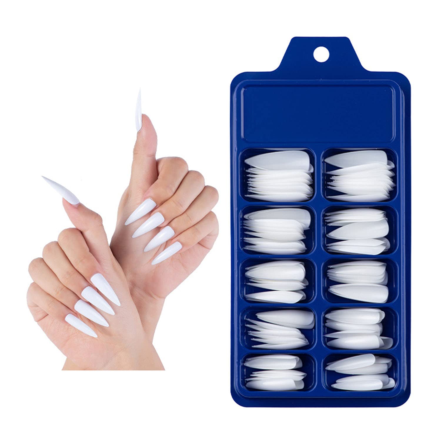 100pcs Long White Sharp Stiletto Shape Acrylic Fake Nails - Artificial Nail Tips for Women, DIY Nail Art & Salon Manicure - Perfect for Parties, Weddings & Special Occasions