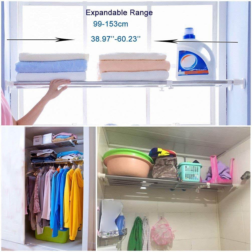 BAOYOUNI Heavy Duty Expandable Closet Shelf Organizer - Stainless Steel Storage Rack with Tension Rod (39.76-60.04 Inch, Ivory) - Perfect for Bedroom, Closet, Pantry & Laundry Room Organization