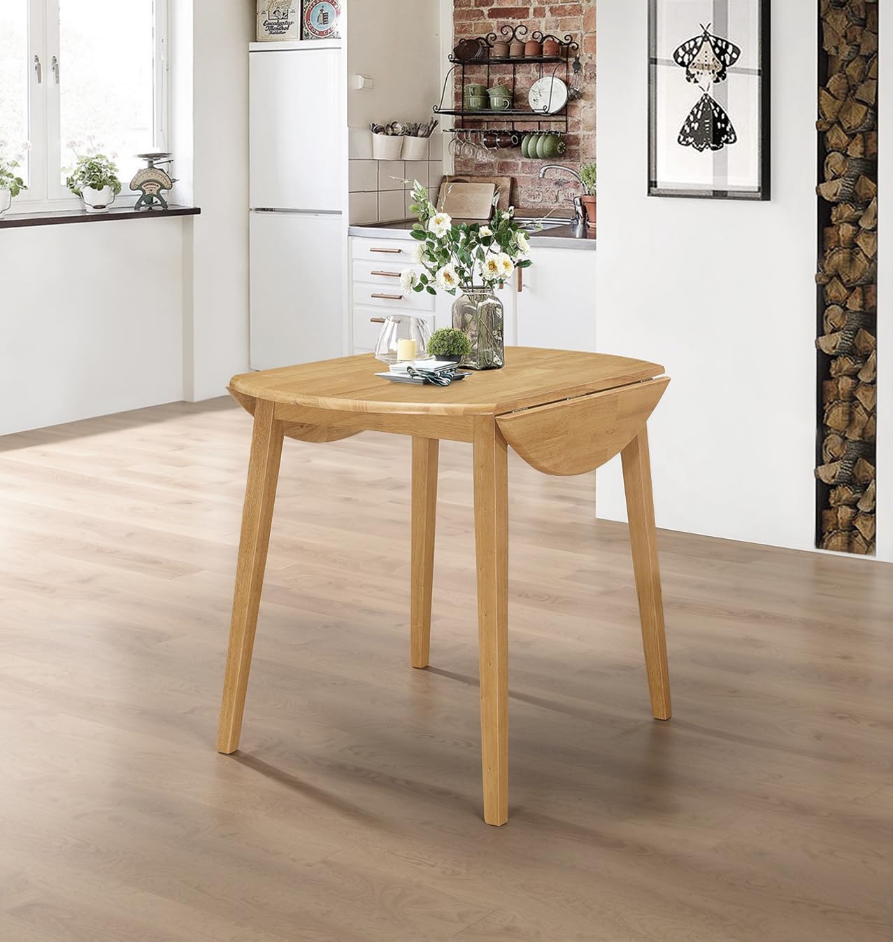 Hallowood Ledbury Small Drop Leaf Round Dining Table - Solid Wood Folding Kitchen Table in Oak Finish for Home, Café & Small Spaces | Perfect for Apartments, Breakfast Nooks & Cozy Dining Areas