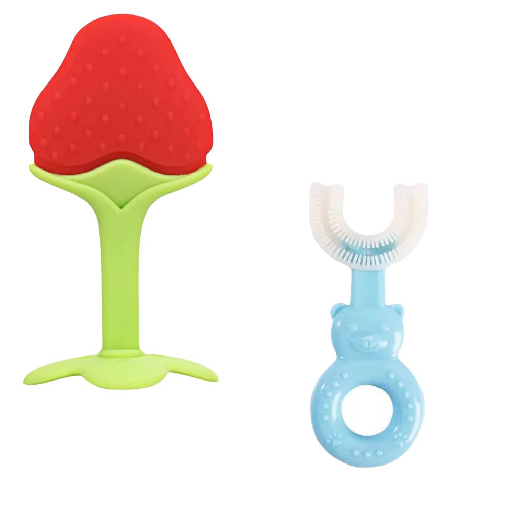 Kritiu Baby Teether and U-Shape Toothbrush Set - BPA-Free Silicone Teething Toy & Infant Toothbrush for 0-12 Months - Safe Teething Relief & Oral Care for Newborns & Toddlers (Red & Blue) - Perfect for Soothing Sore Gums & Early Dental Hygiene at Home or On-the-Go