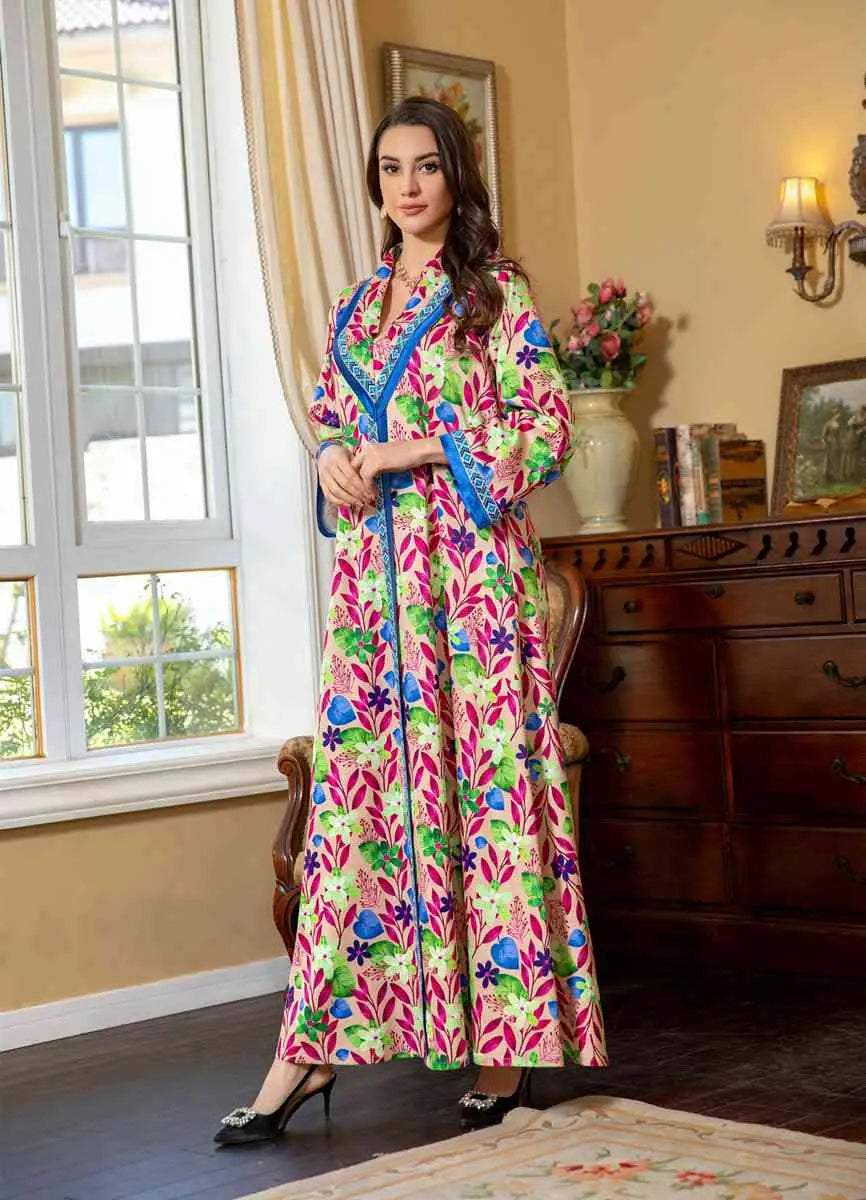 Elegant Hotfix Rhinestone Flower Printed Kaftan Dress - Eid Jalabiya Abaya for Women | Perfect for Eid Celebrations, Weddings & Special Occasions