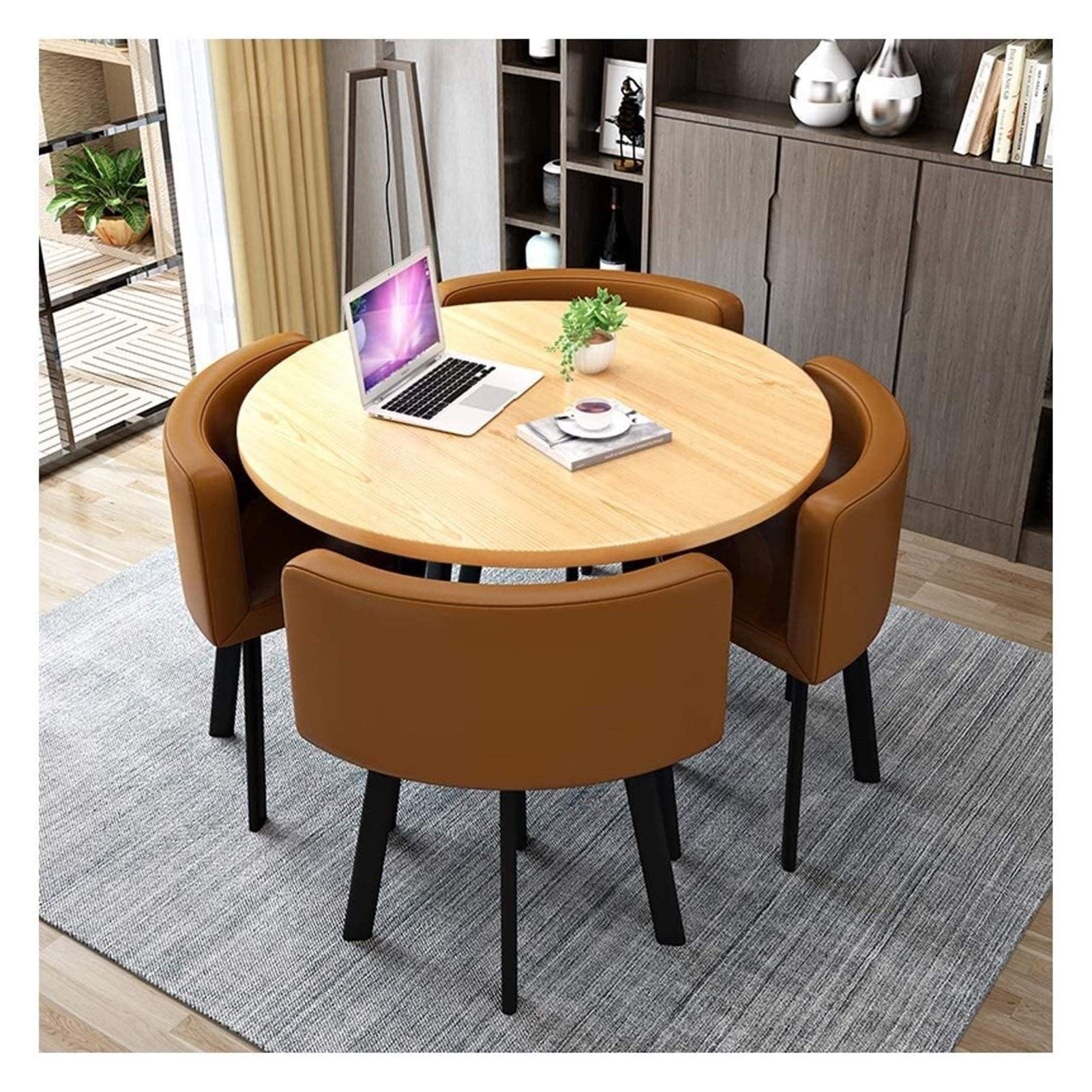 Modern Minimalist Office Dining Table Set - 80cm Retro Metal Frame Coffee Table & Chairs for Business, Hotel Lobby, Kitchen - Brown (Perfect for Small Spaces & Contemporary Interior Design)