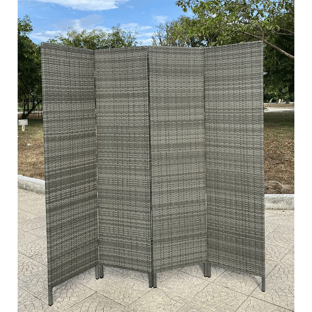 4-Panel Outdoor Privacy Screen - Grey Resin Wicker Room Divider - Weather Resistant Patio Partition for Deck, Poolside, Garden & Balcony