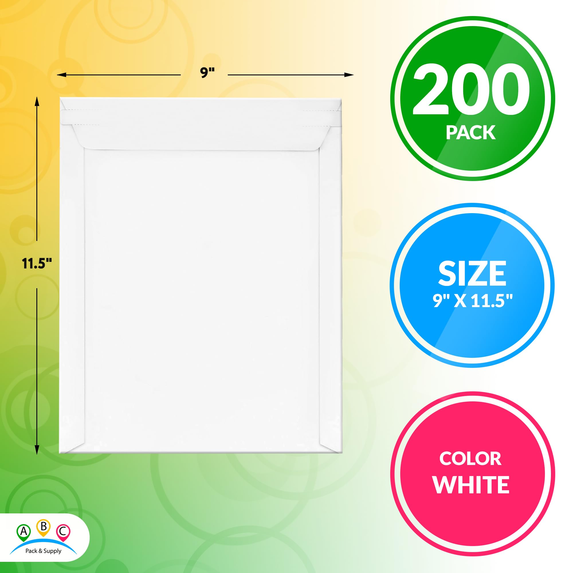 ABC Rigid Paperboard Mailers 9x11.5 Inch - 200 Pack Stay Flat Envelopes for Photos & Documents - White Cardboard Shipping Envelopes with Peel & Seal Redi-Strip - Perfect for Ecommerce, Photography Prints & Important Document Mailing