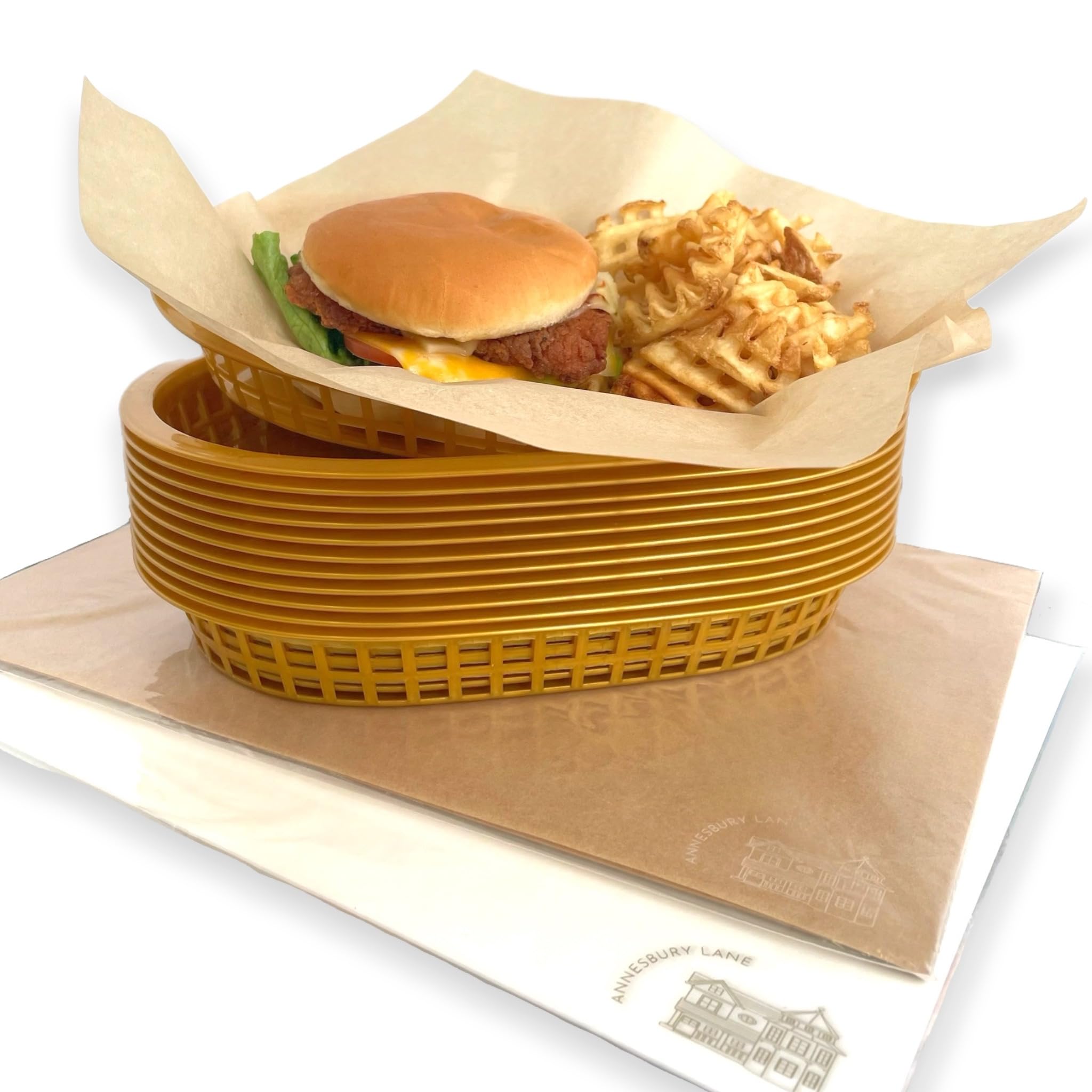 Boho Retro Gold Food Baskets - 12 Pack Reusable Plastic Fast Food Trays with 120 Parchment Paper Liners (2x60pk) | Perfect for Parties, Picnics & Catering Events