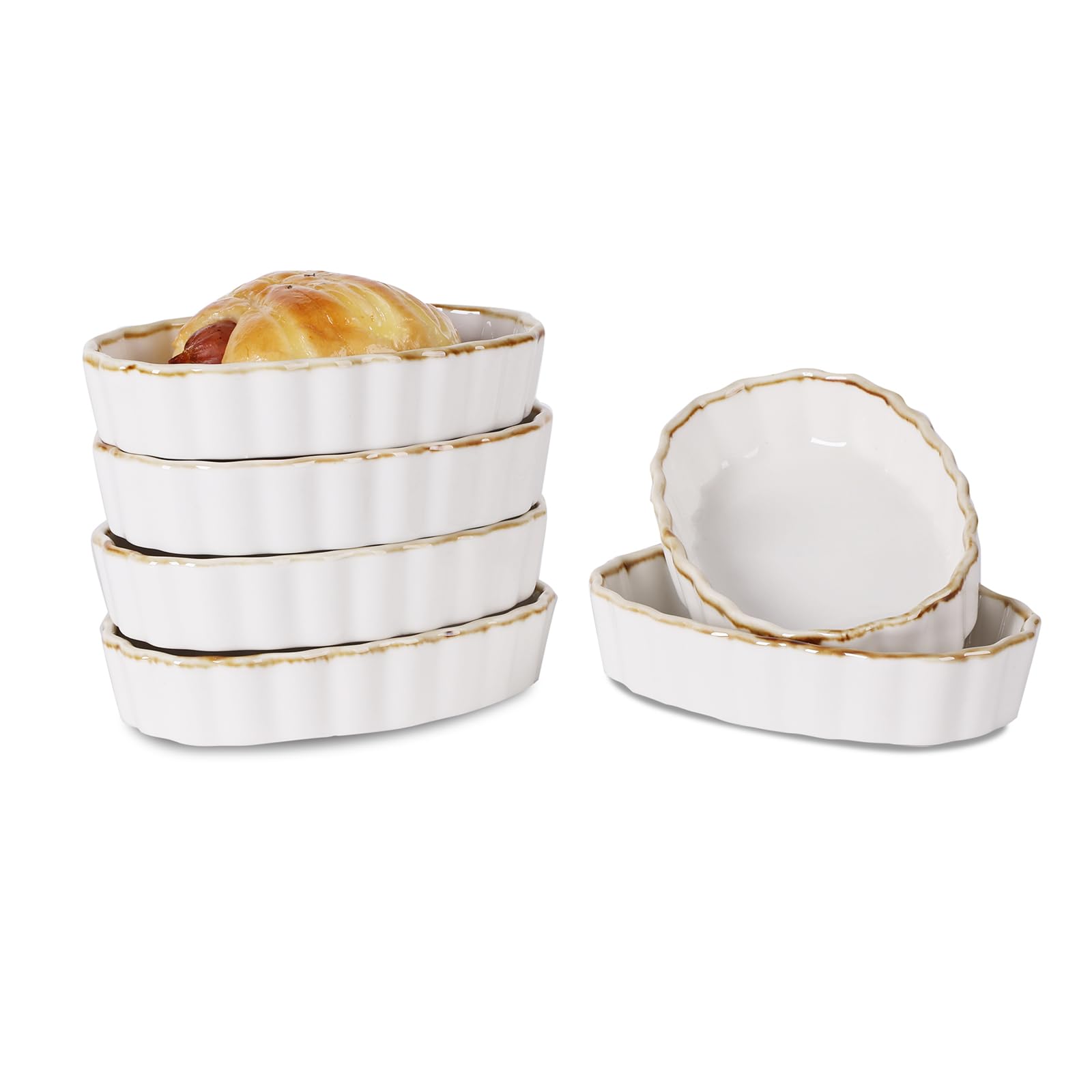 ONTUBE 4 oz Porcelain Ramekins Set of 6 - Oven Safe Oval Baking Dishes for Creme Brulee, Souffle, Pudding, Dipping Sauces | Perfect for Desserts, Appetizers & Home Kitchen Use (Brown/White)