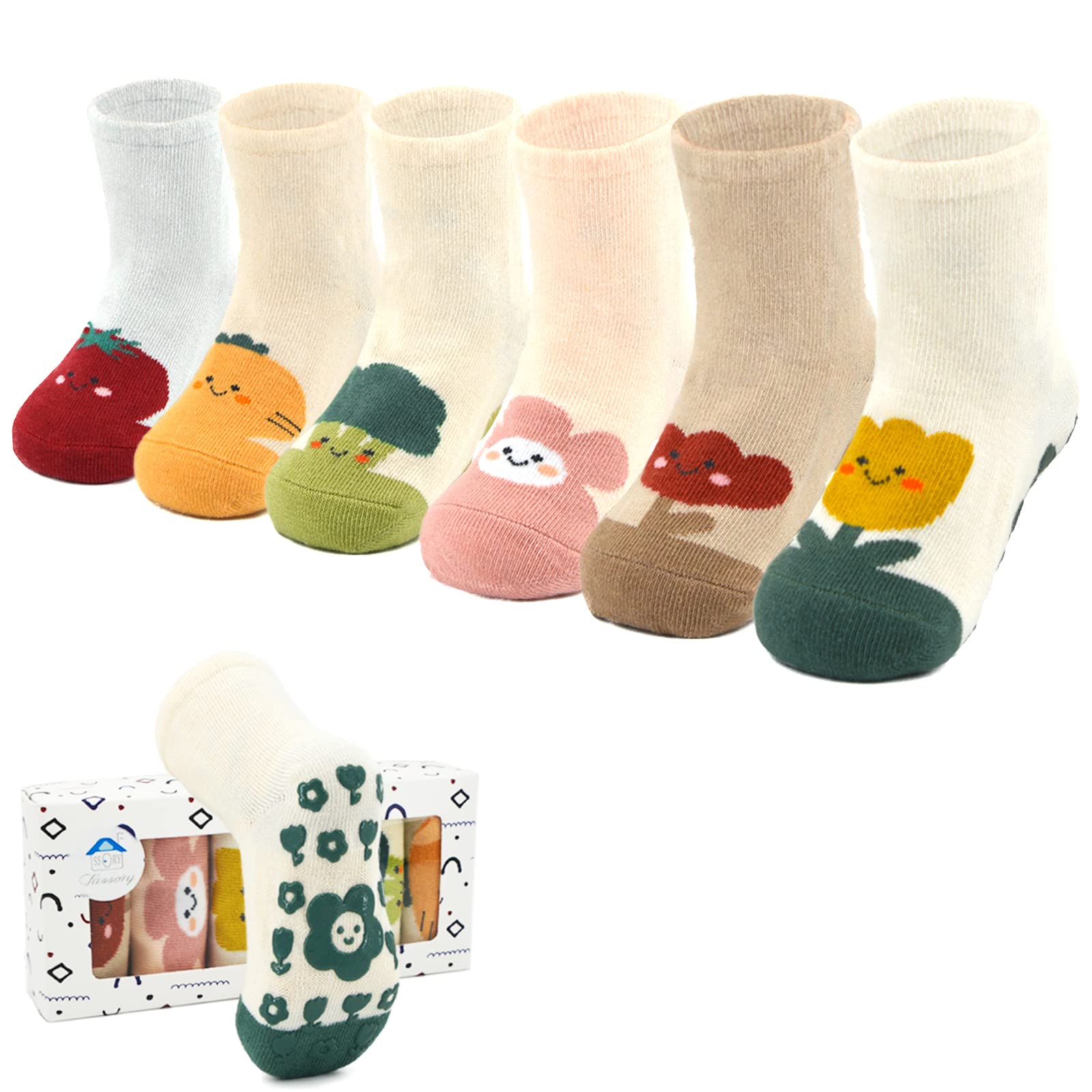 **Fassory 6 Pairs Non-Slip Baby Socks for 0-5 Years Old - Cute Anti-Skid Cotton Toddler Socks for Boys & Girls - Perfect for Playtime, Nursery, and Home Safety**