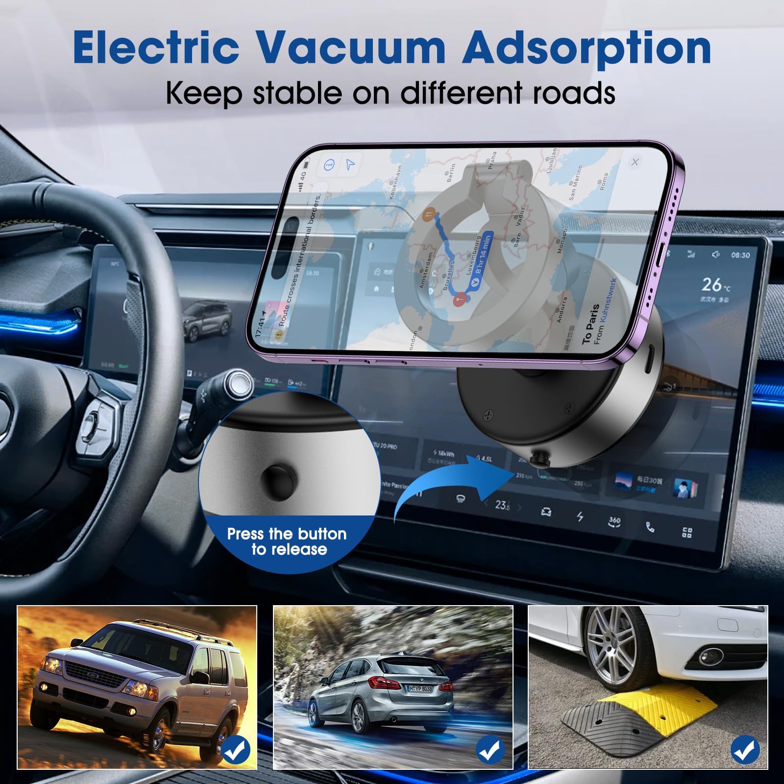 KOQ Upgraded Silver Magnetic Car Phone Mount - 360° Rotatable Vacuum Suction Phone Holder for iPhone, Samsung & All Smartphones | Strong Magnetic Grip for Dashboard & Windshield | Perfect for Road Trips, GPS Navigation & Hands-Free Calling