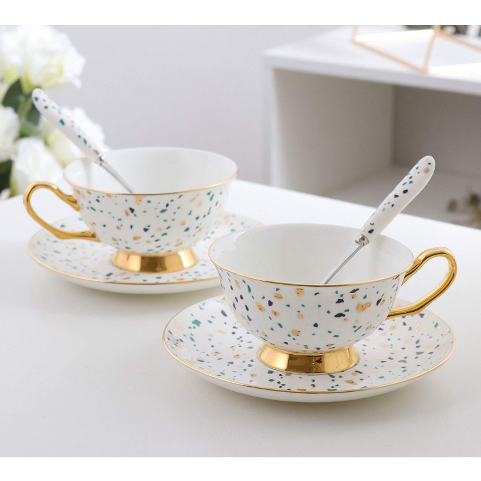 Premium 7.8 Oz Ceramic Coffee Mug Set with Saucers & Spoon - 6-Piece Colorful Spot Design Espresso Cups with Metal Organizer Rack - Perfect for Home, Office & Cafe Use