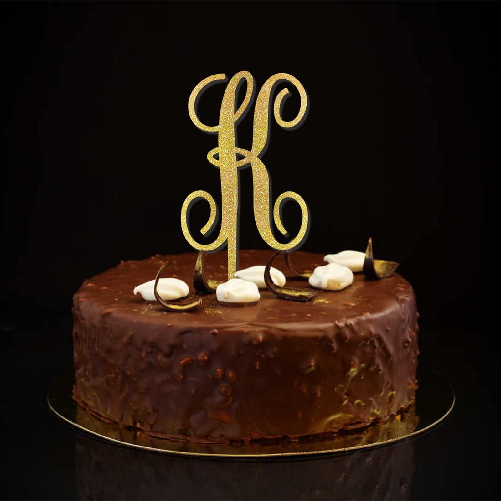 Initial K Cake Topper - Single Letter Monogram Name Glitter Gold Wedding Anniversary Party Decor - Retro Reusable Wreath Floral Design - Customizable Letter & Color - Perfect for Birthday Cakes, Bridal Showers & Anniversary Celebrations