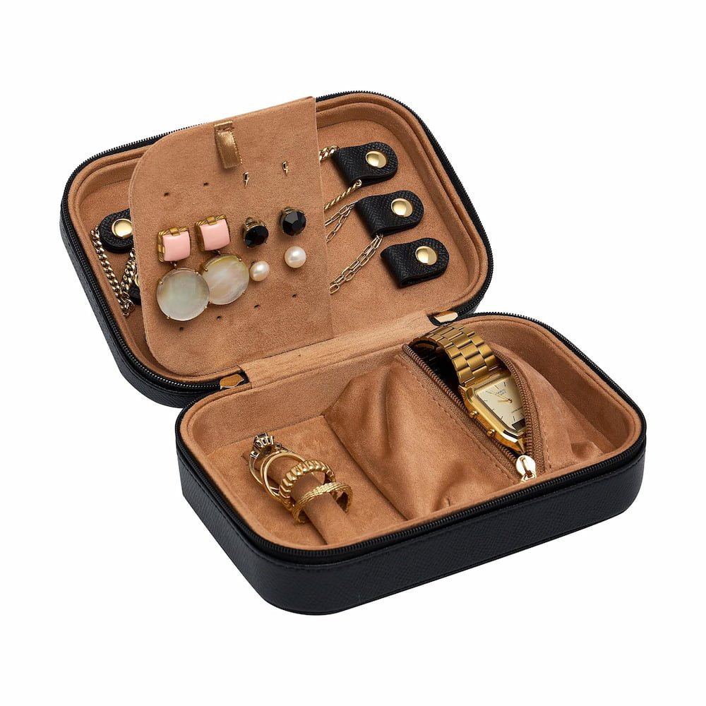 Premium Black Leather Travel Jewelry Case - Organize & Protect Your Necklaces, Rings & Earrings for Vacations & Business Trips